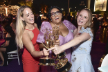 Caroline Dumphy, Ali Barthwell, and Liz Hynes of Last Week Tonight With John Oliver at the Governors Gala at the 2022 Creative Arts Emmy Awards.