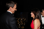 Seth Meyers (l) of Late Night with Seth Meyers and Julia-Louis Dreyfus of Veep at the 66th Emmy Awards.