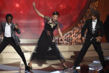 Caleb McLaughlin, Millie Bobby Brown, and Gaten Matarazzo on stage at the 2016 Primetime Emmys.