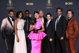 Daveed Diggs, Renée Elise Goldsberry, Okieriete Onaodowan, Phillipa Soo, Jon Kamen, Thomas Kail, Dave Sirulnick and Jonathan Groff on the Winners’ Walk at the 73rd Emmy Awards, September 19, 2021 in Los Angeles, California.